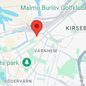 Karta med pin där kontoret i Malmö ligger.