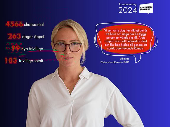 Jourhavande Kompis Rapport 2024 bild med resultat och citat från Li Nester, förbundsordförande för RKUF